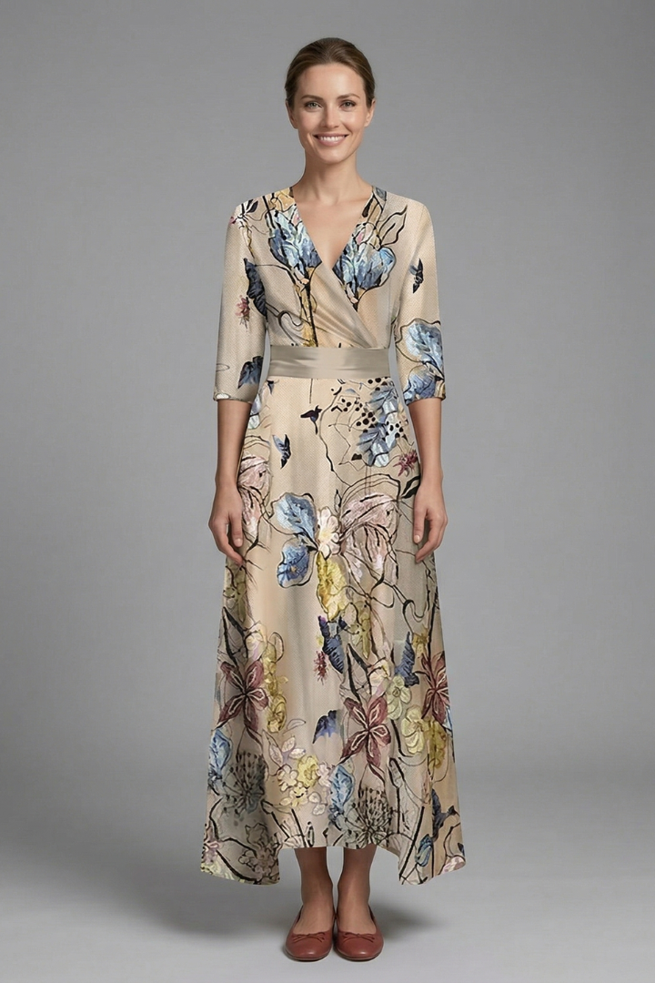 Women's Floral Wrap Maxi Dress with V-Neck & Elbow Sleeves – Flowing Summer Occasion Dress