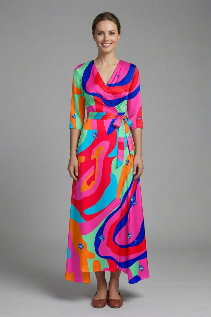 Women's Floral Wrap Maxi Dress with V-Neck & Elbow Sleeves – Flowing Summer Occasion Dress