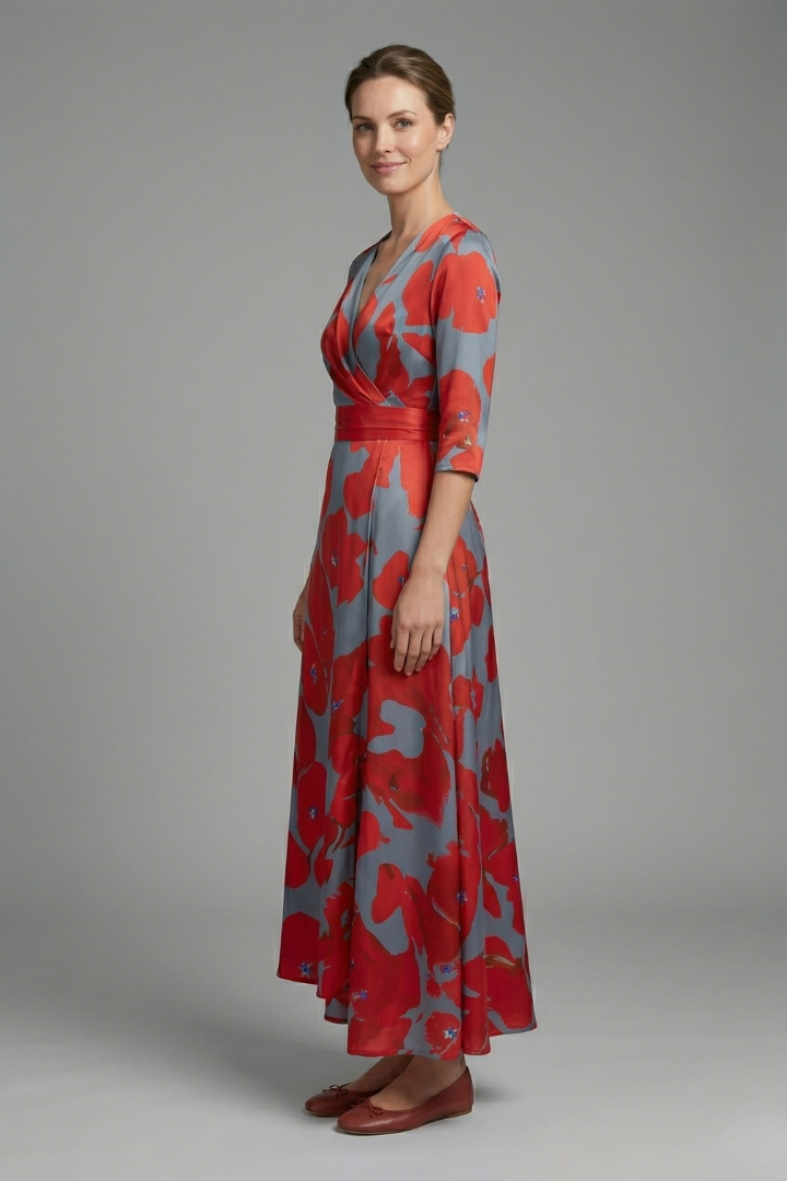 Women's Floral Wrap Maxi Dress with V-Neck & Elbow Sleeves – Flowing Summer Occasion Dress