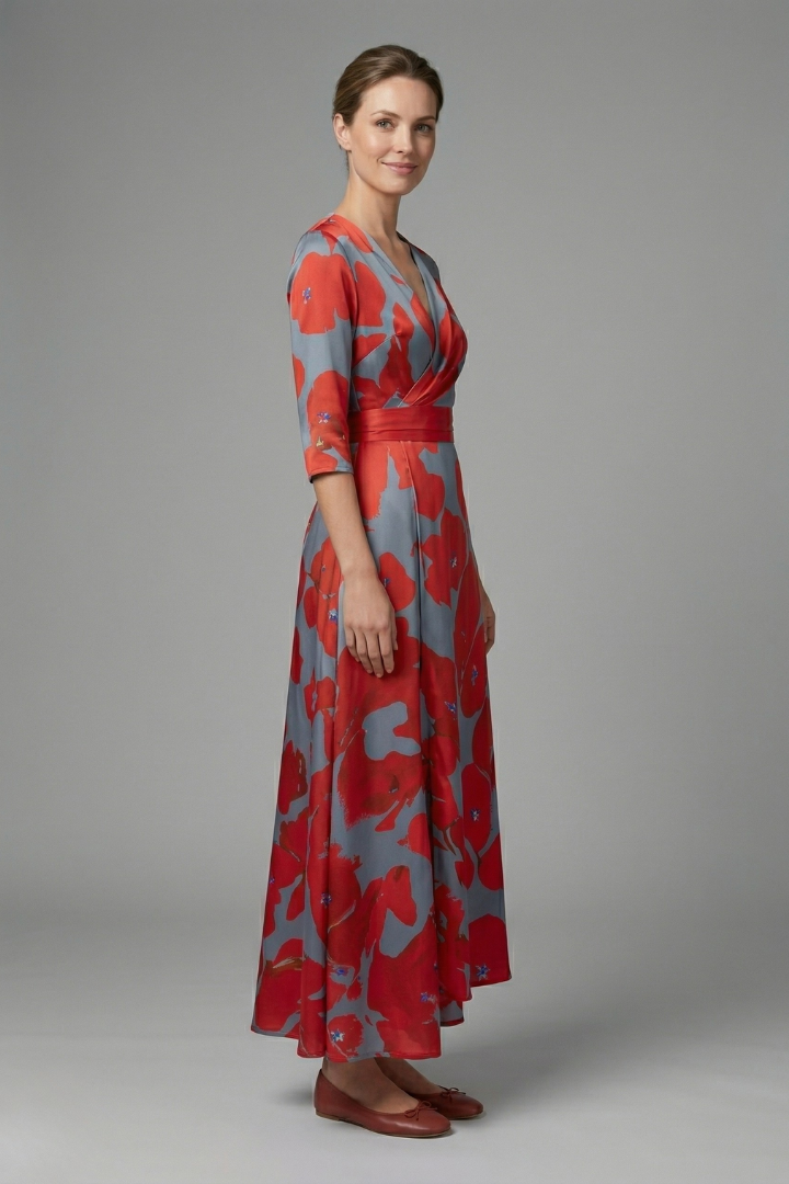 Women's Floral Wrap Maxi Dress with V-Neck & Elbow Sleeves – Flowing Summer Occasion Dress