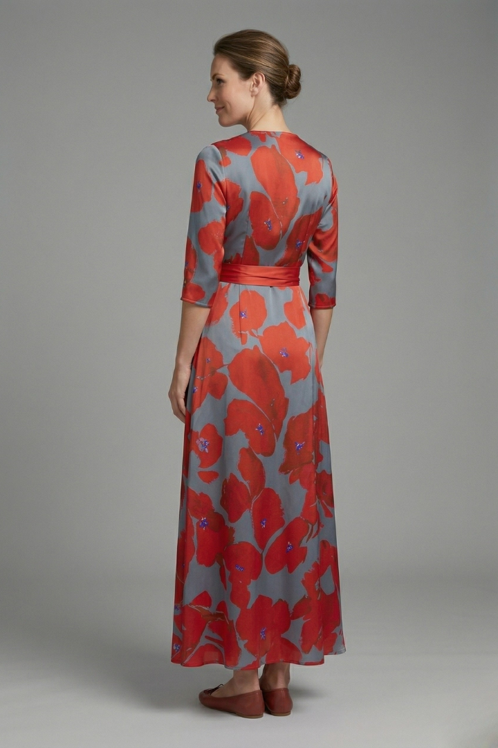 Women's Floral Wrap Maxi Dress with V-Neck & Elbow Sleeves – Flowing Summer Occasion Dress