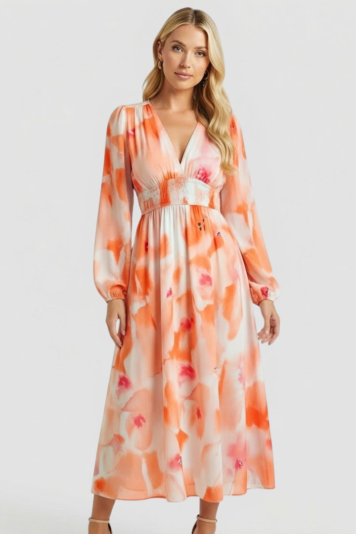 Women's Floral Print V-Neck Maxi Dress with Long Sleeves & Gathered Waist – Spring Dress