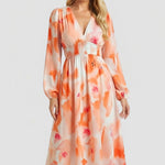 Women's Floral Print V-Neck Maxi Dress with Long Sleeves & Gathered Waist – Spring Dress