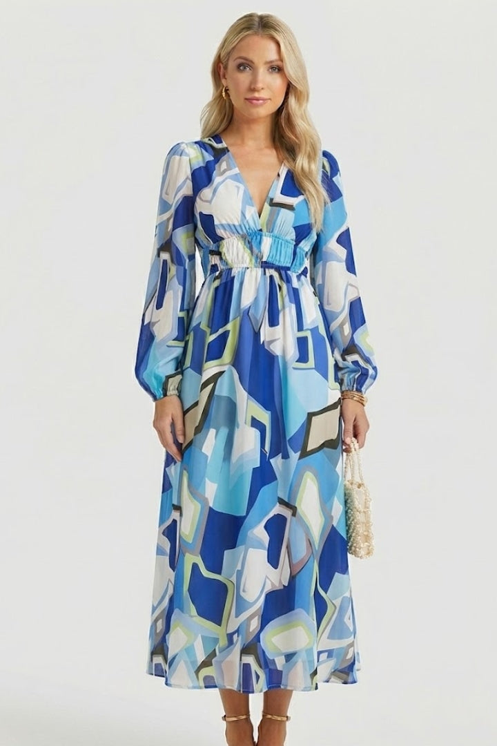 Women's Floral Print V-Neck Maxi Dress with Long Sleeves & Gathered Waist – Spring Dress
