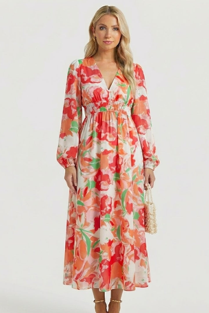 Women's Floral Print V-Neck Maxi Dress with Long Sleeves & Gathered Waist – Spring Dress