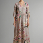 Women's Floral V Neck Maxi Dress with 3/4 Sleeves – Relaxed Boho Summer Dress