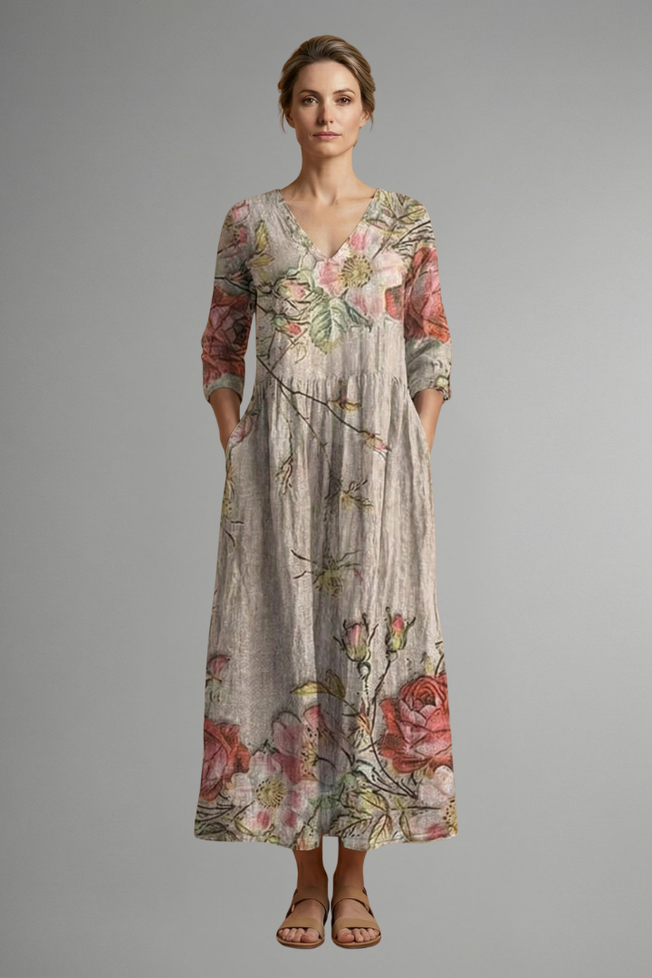 Women's Floral V Neck Maxi Dress with 3/4 Sleeves – Relaxed Boho Summer Dress