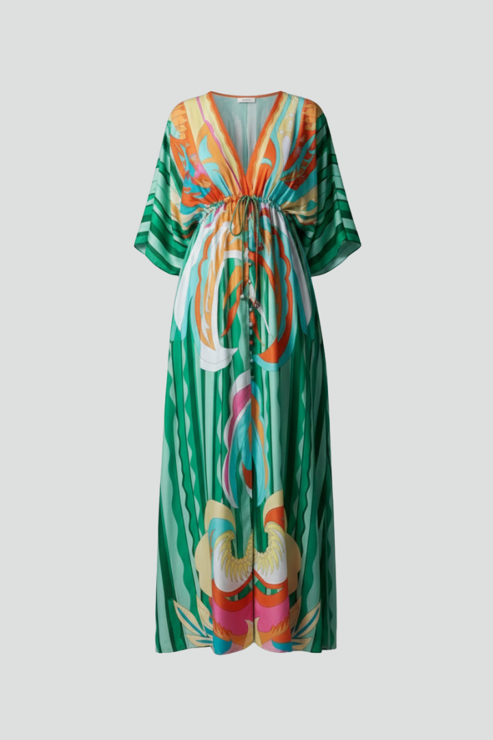 Women's Printed Maxi Dress with V Neck, Tie Waist & Batwing Sleeves – Flowing Summer Day Dress