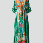 Women's Printed Maxi Dress with V Neck, Tie Waist & Batwing Sleeves – Flowing Summer Day Dress