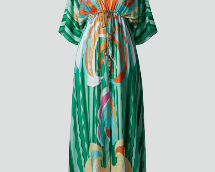 Women's Printed Maxi Dress with V Neck, Tie Waist & Batwing Sleeves – Flowing Summer Day Dress