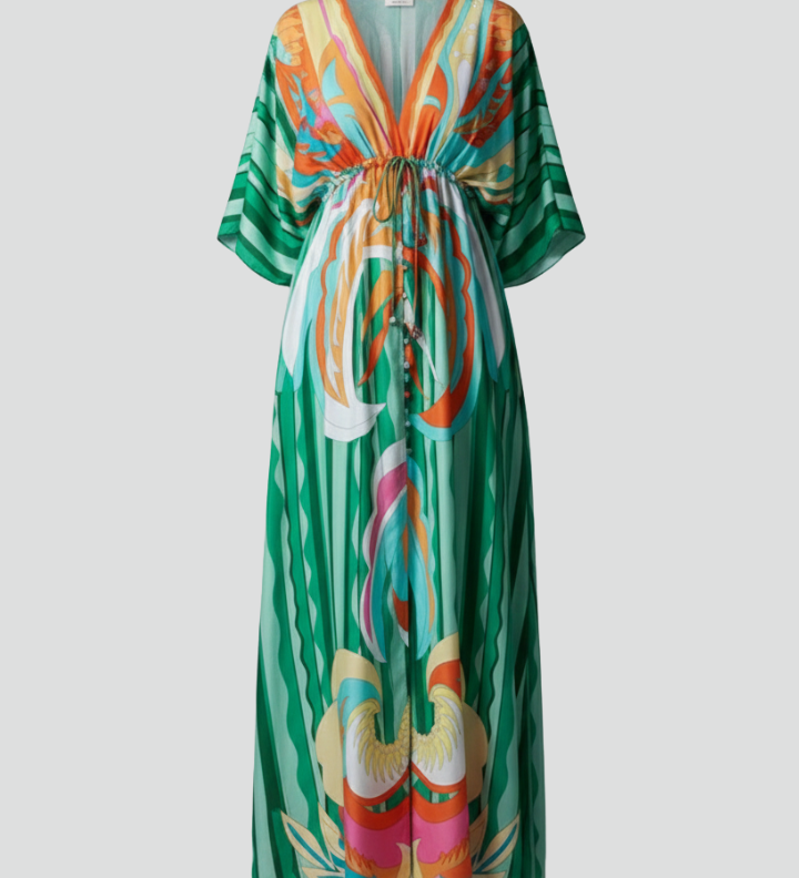 Women's Printed Maxi Dress with V Neck, Tie Waist & Batwing Sleeves – Flowing Summer Day Dress