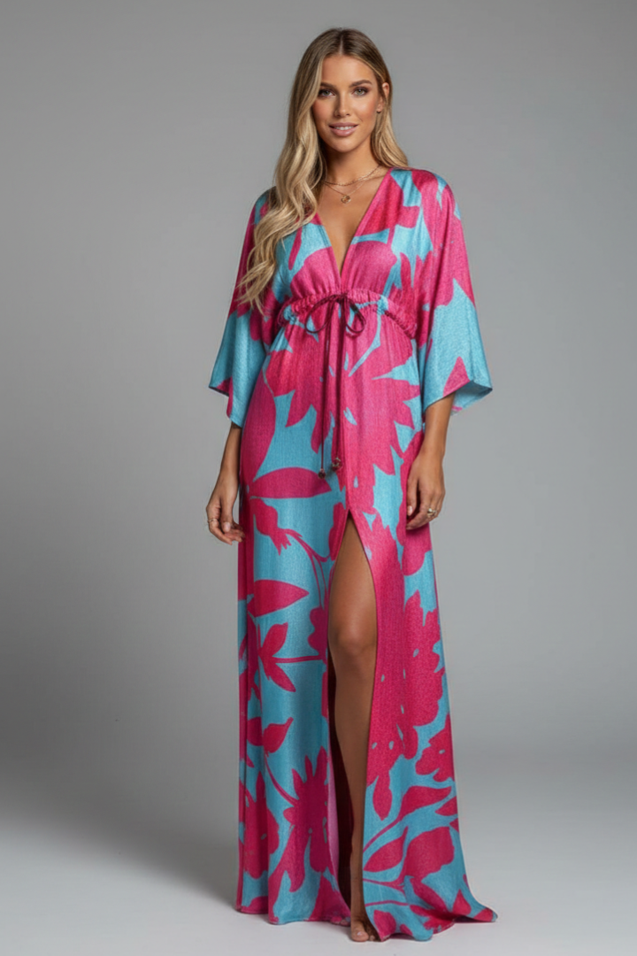 Women's Printed Maxi Dress with V Neck, Tie Waist & Batwing Sleeves – Flowing Summer Day Dress