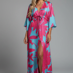 Women's Printed Maxi Dress with V Neck, Tie Waist & Batwing Sleeves – Flowing Summer Day Dress