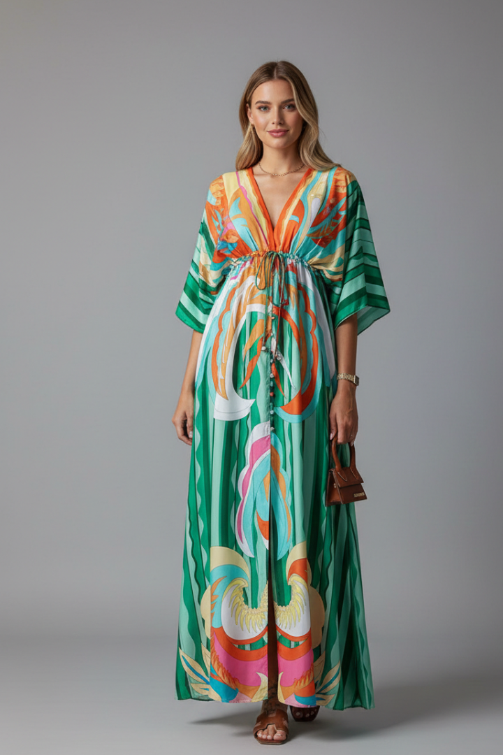 Women's Printed Maxi Dress with V Neck, Tie Waist & Batwing Sleeves – Flowing Summer Day Dress