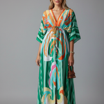 Women's Printed Maxi Dress with V Neck, Tie Waist & Batwing Sleeves – Flowing Summer Day Dress