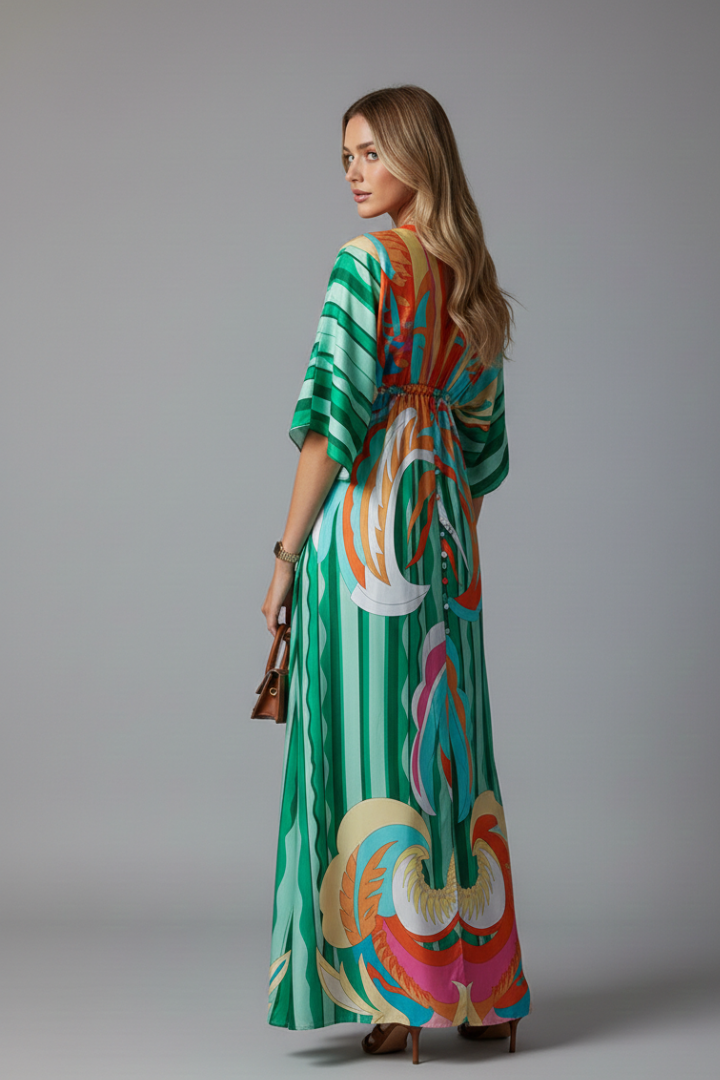 Women's Printed Maxi Dress with V Neck, Tie Waist & Batwing Sleeves – Flowing Summer Day Dress