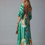 Women's Printed Maxi Dress with V Neck, Tie Waist & Batwing Sleeves – Flowing Summer Day Dress