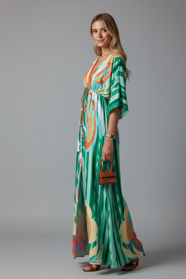 Women's Printed Maxi Dress with V Neck, Tie Waist & Batwing Sleeves – Flowing Summer Day Dress