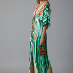 Women's Printed Maxi Dress with V Neck, Tie Waist & Batwing Sleeves – Flowing Summer Day Dress