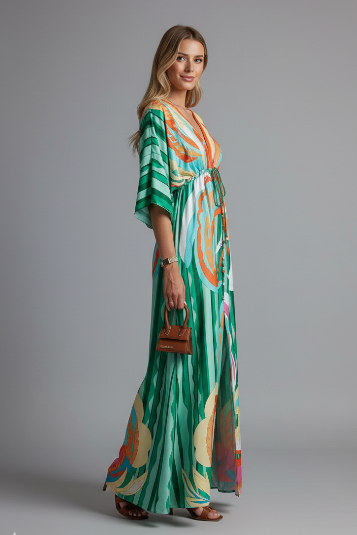 Women's Printed Maxi Dress with V Neck, Tie Waist & Batwing Sleeves – Flowing Summer Day Dress