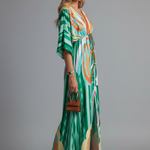 Women's Printed Maxi Dress with V Neck, Tie Waist & Batwing Sleeves – Flowing Summer Day Dress