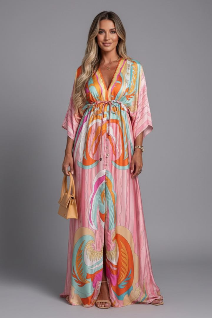 Women's Printed Maxi Dress with V Neck, Tie Waist & Batwing Sleeves – Flowing Summer Day Dress