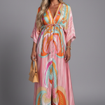 Women's Printed Maxi Dress with V Neck, Tie Waist & Batwing Sleeves – Flowing Summer Day Dress