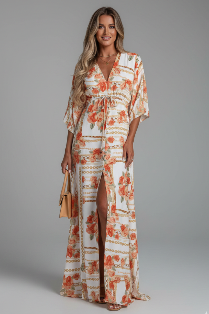 Women's Printed Maxi Dress with V Neck, Tie Waist & Batwing Sleeves – Flowing Summer Day Dress