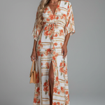 Women's Printed Maxi Dress with V Neck, Tie Waist & Batwing Sleeves – Flowing Summer Day Dress