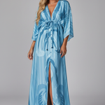 Women's Printed Maxi Dress with V Neck, Tie Waist & Batwing Sleeves – Flowing Summer Day Dress