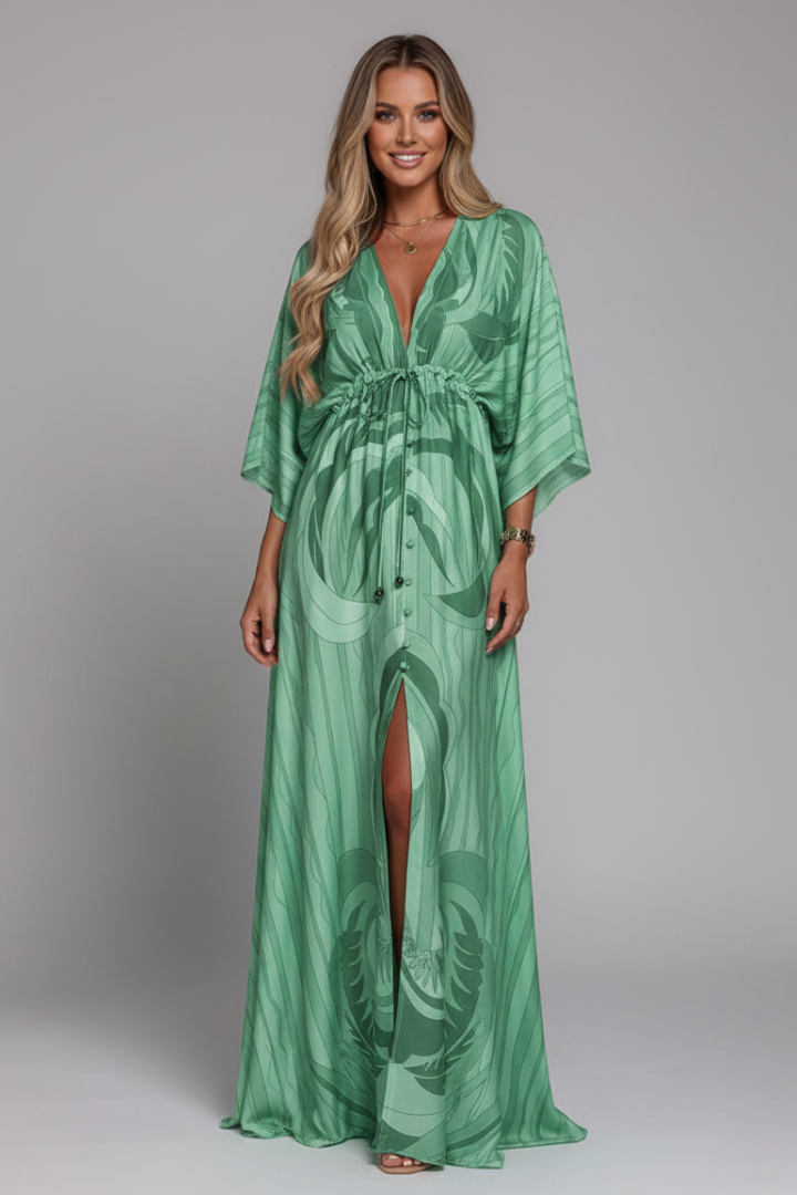 Women's Printed Maxi Dress with V Neck, Tie Waist & Batwing Sleeves – Flowing Summer Day Dress