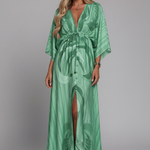 Women's Printed Maxi Dress with V Neck, Tie Waist & Batwing Sleeves – Flowing Summer Day Dress