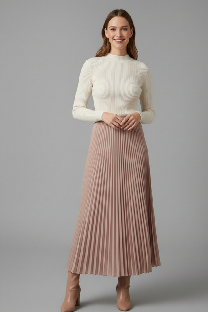 Women's Pleated Maxi Skirt with Elastic Waist – High Rise A-Line Floor Length Skirt