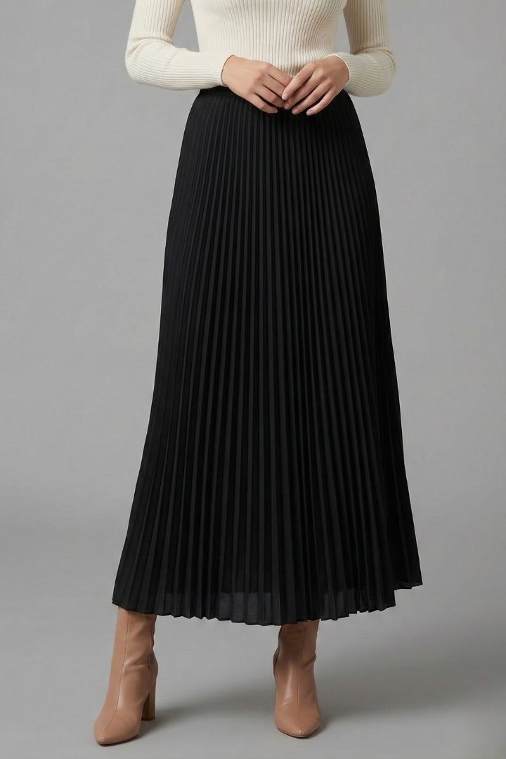 Women's Pleated Maxi Skirt with Elastic Waist – High Rise A-Line Floor Length Skirt