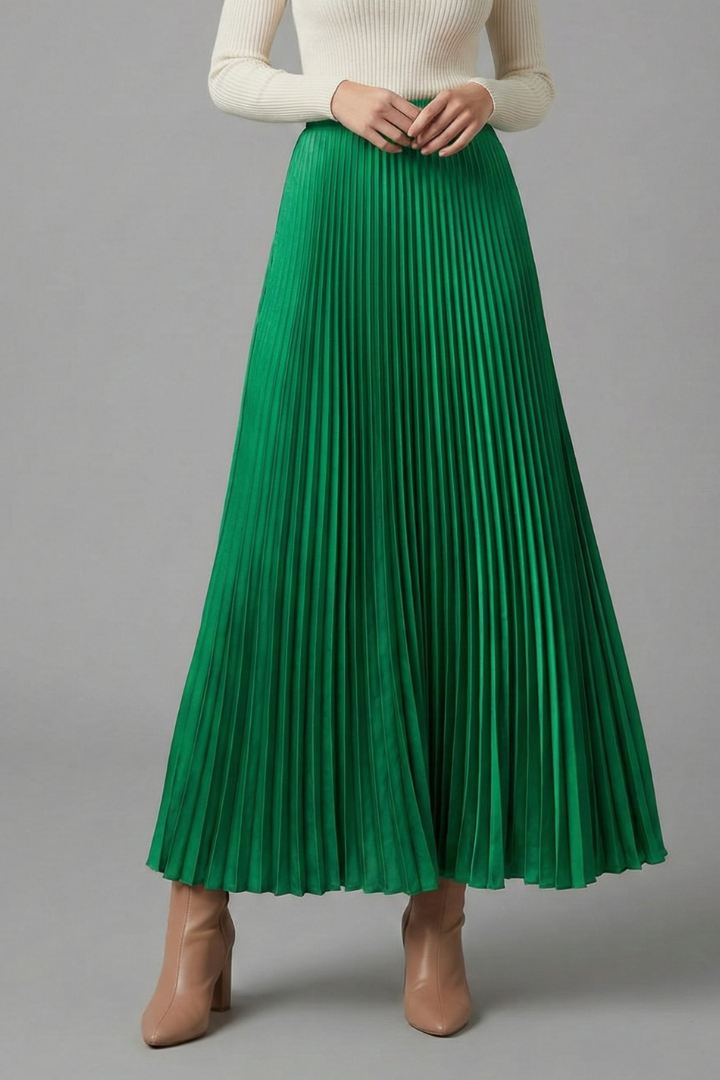 Women's Pleated Maxi Skirt with Elastic Waist – High Rise A-Line Floor Length Skirt