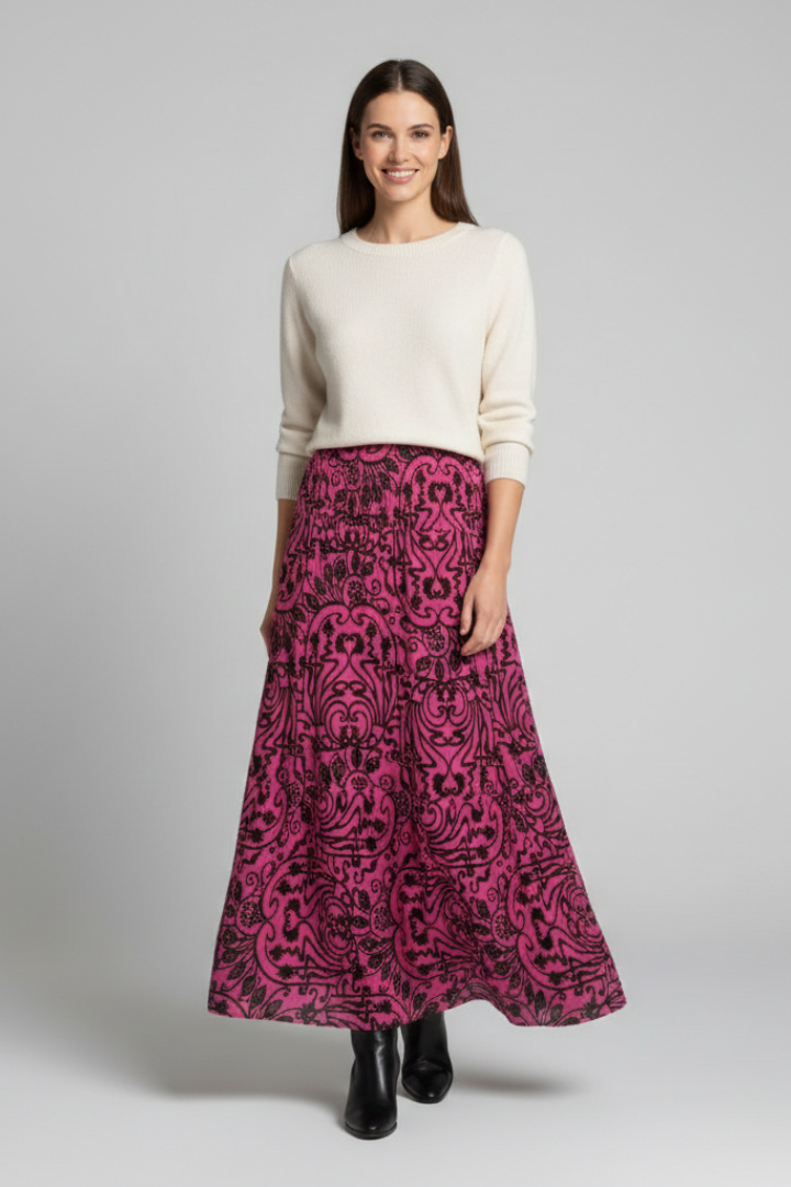 Women's Printed High Waist Maxi Skirt with Elastic Waist – A-Line Summer Floor-Length Skirt