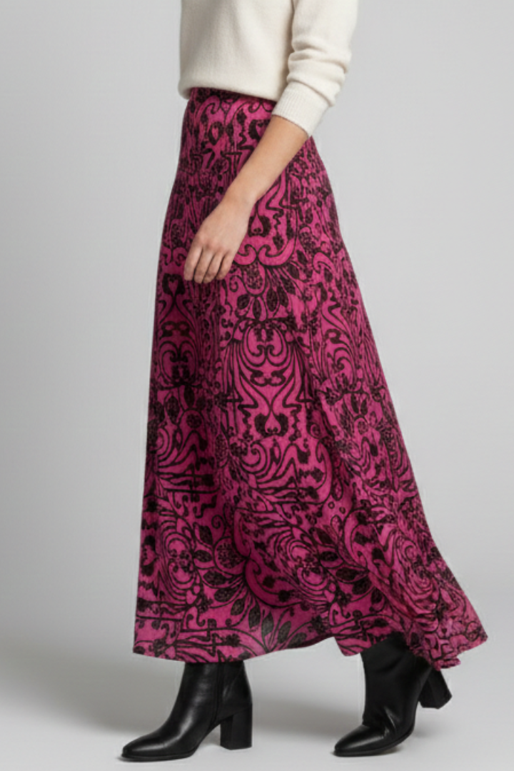 Women's Printed High Waist Maxi Skirt with Elastic Waist – A-Line Summer Floor-Length Skirt