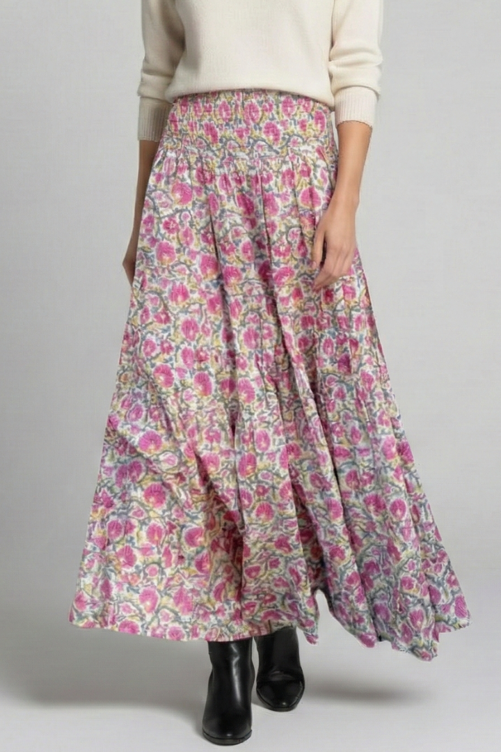 Women's Printed High Waist Maxi Skirt with Elastic Waist – A-Line Summer Floor-Length Skirt