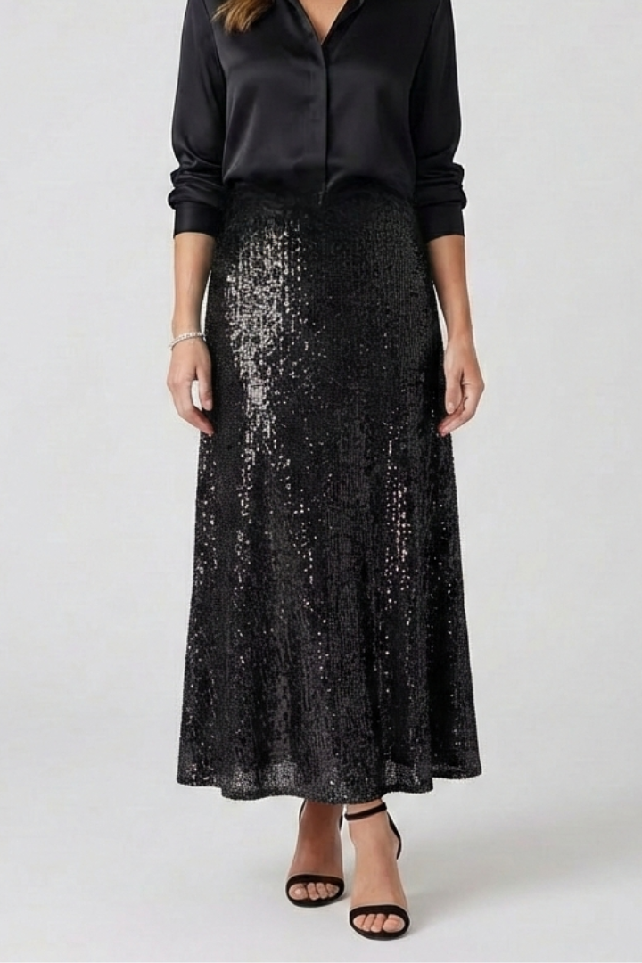 Women's Sequin Maxi Skirt with High Elastic Waist – Pull-On Party Skirt for Evening Events