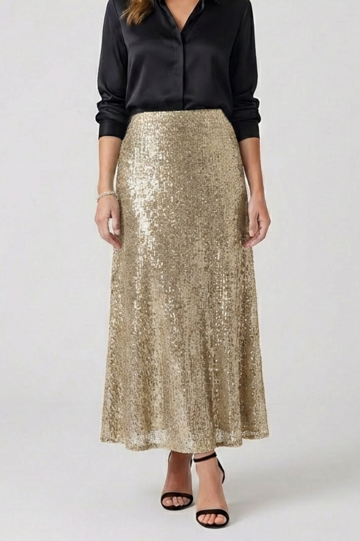 Women's Sequin Maxi Skirt with High Elastic Waist – Pull-On Party Skirt for Evening Events