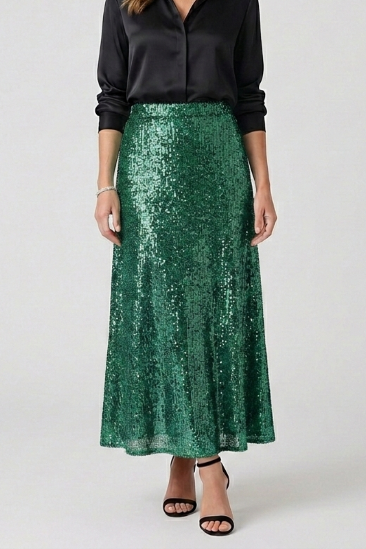 Women's Sequin Maxi Skirt with High Elastic Waist – Pull-On Party Skirt for Evening Events
