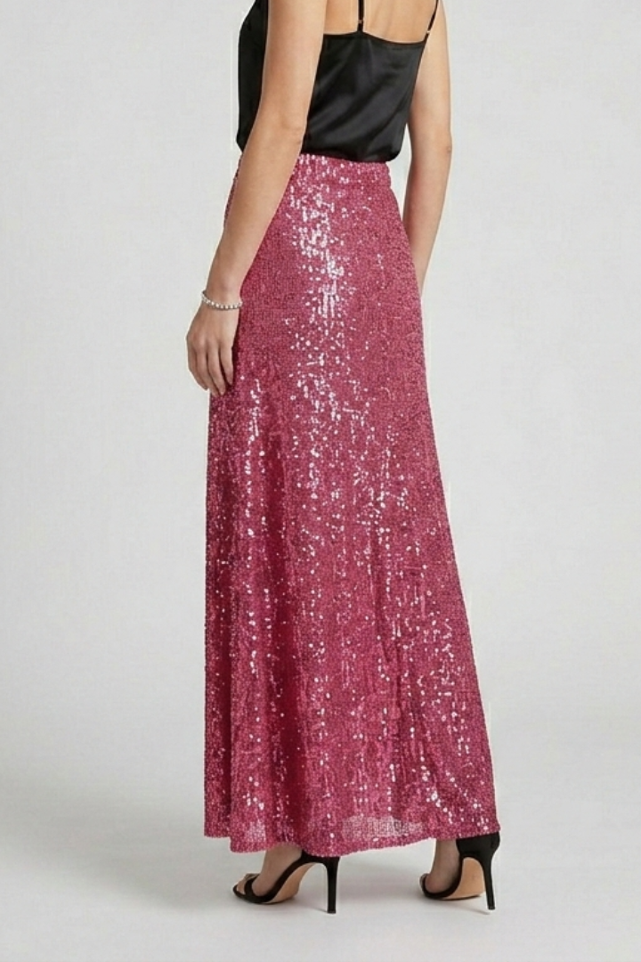 Women's Sequin Maxi Skirt with High Elastic Waist – Pull-On Party Skirt for Evening Events