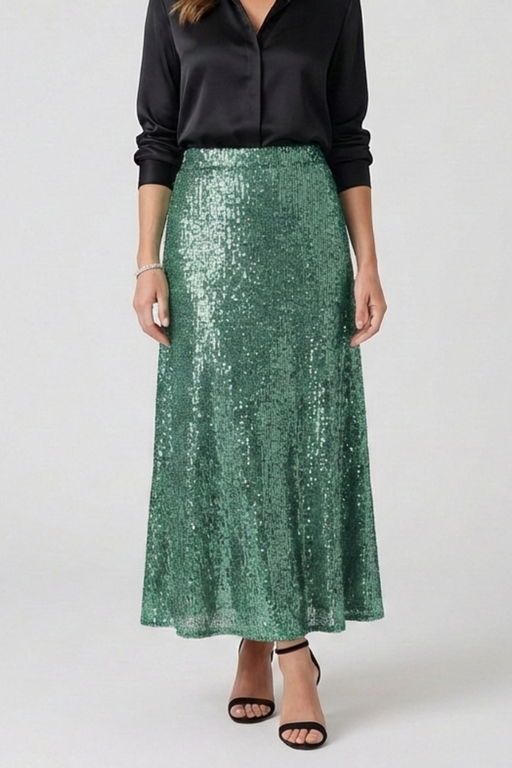 Women's Sequin Maxi Skirt with High Elastic Waist – Pull-On Party Skirt for Evening Events