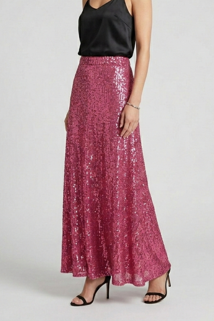 Women's Sequin Maxi Skirt with High Elastic Waist – Pull-On Party Skirt for Evening Events