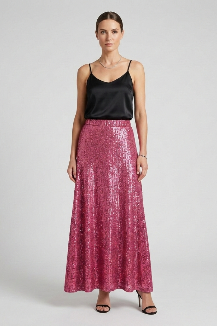 Women's Sequin Maxi Skirt with High Elastic Waist – Pull-On Party Skirt for Evening Events