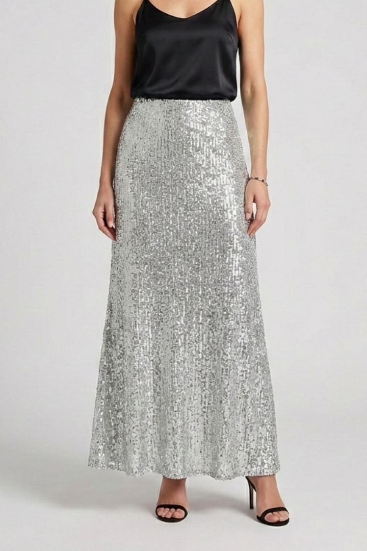 Women's Sequin Maxi Skirt with High Elastic Waist – Pull-On Party Skirt for Evening Events