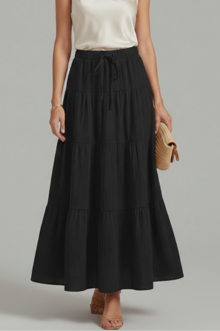 Women's Tiered Maxi Skirt with Elastic Waist – Floor-Length Pull-On Summer Skirt