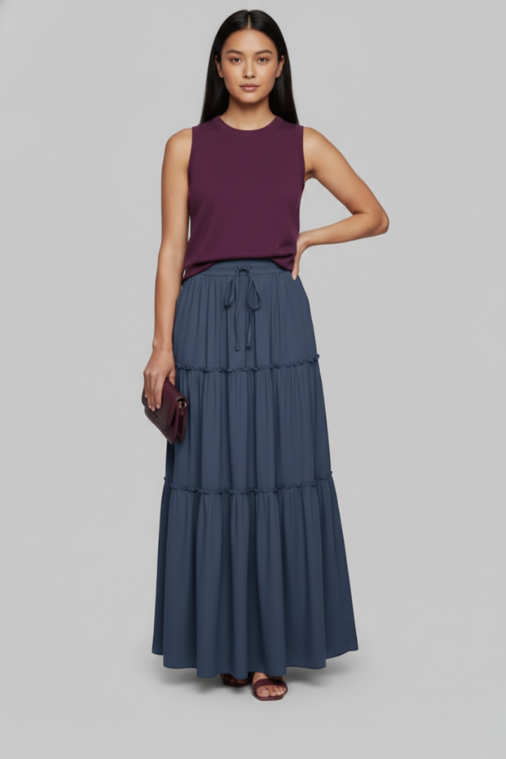 Women's Tiered Maxi Skirt with Elastic Waist – A-Line Flowing Skirt for Spring & Summer