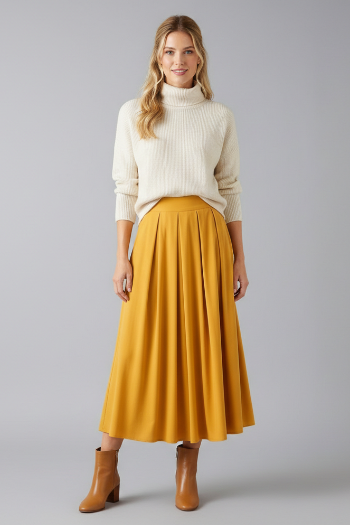 Women's High Waisted Pleated Maxi Skirt with Side Pockets & Side Zip – Floor-Length Skirt