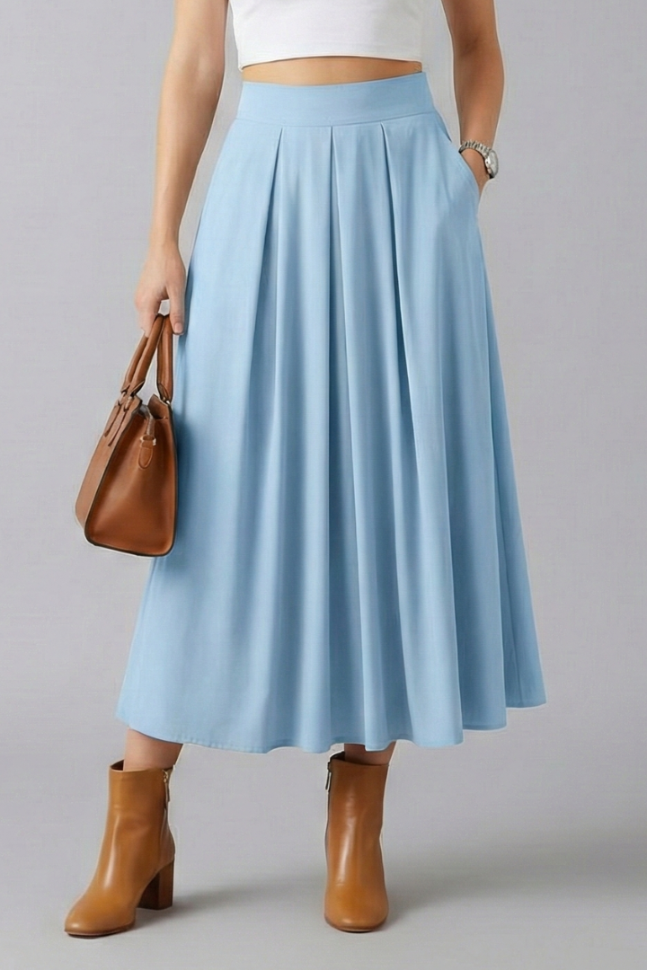 Women's High Waisted Pleated Maxi Skirt with Side Pockets & Side Zip – Floor-Length Skirt